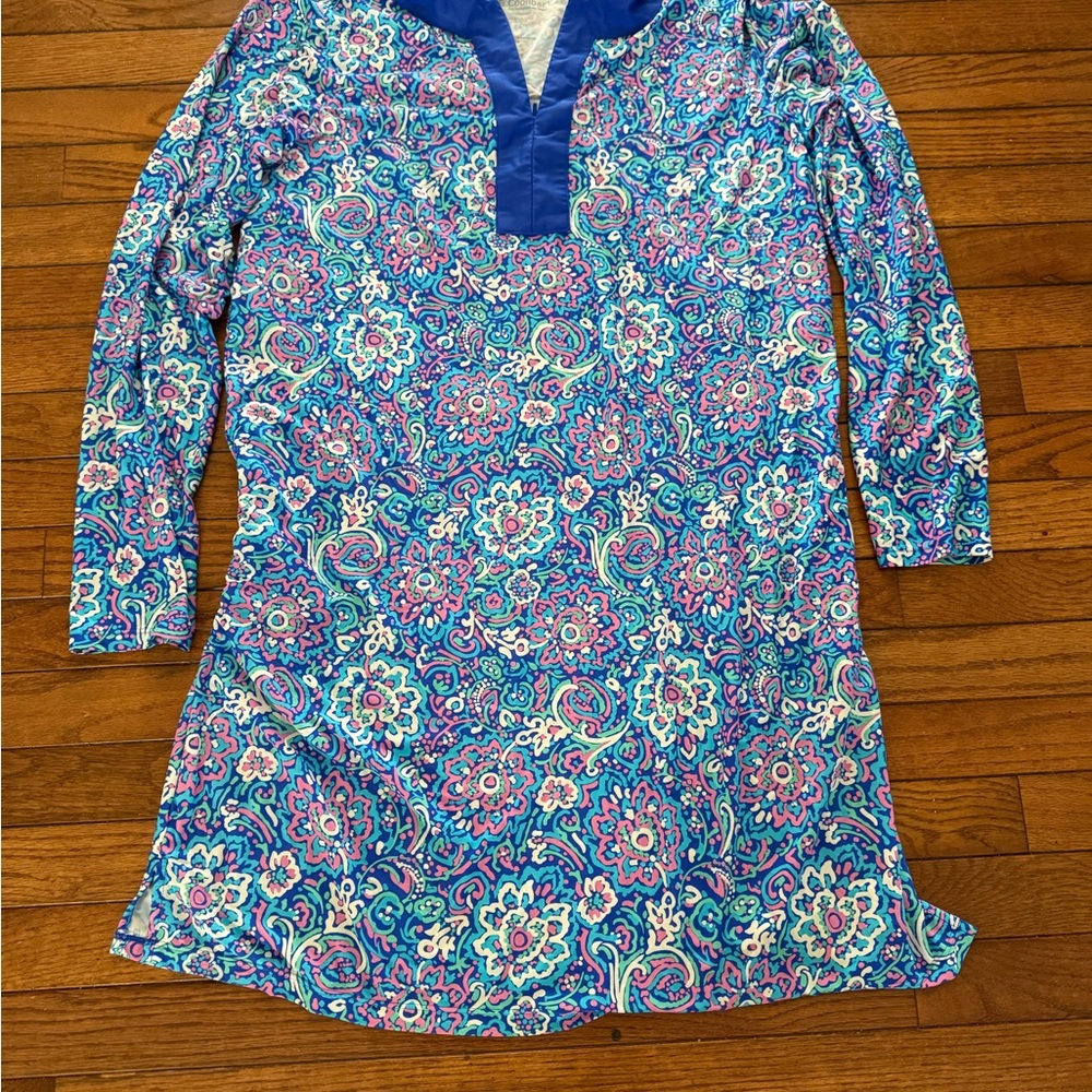 Coolibar Blue and Pink Swim Coverup with V-Neck and UPF 50+ Sun Protection - Picture 4 of 5